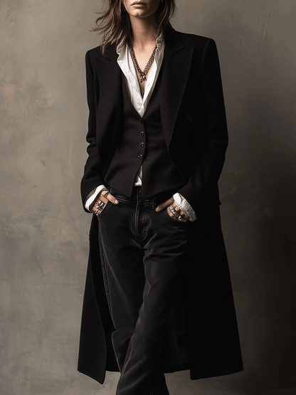 Vintage Noir Tailored Maxi Blazer Coat