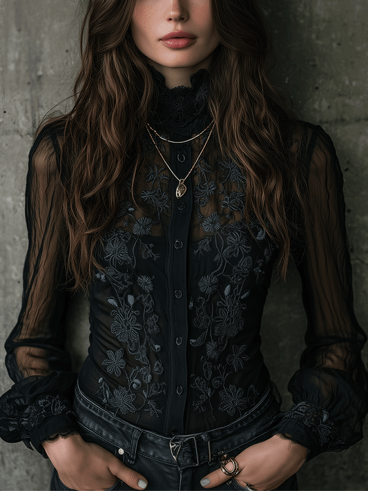 Romance Black Elegance High-Neck Lace Sheer Blouse