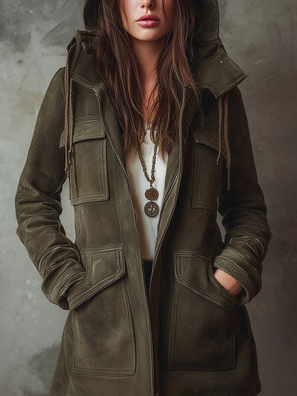 Retro Eco-friendly Suede Cargo Pocket Hooded Jacket