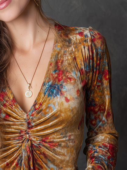 Vintage Floral Printed V-neck Long Sleeve Blouse