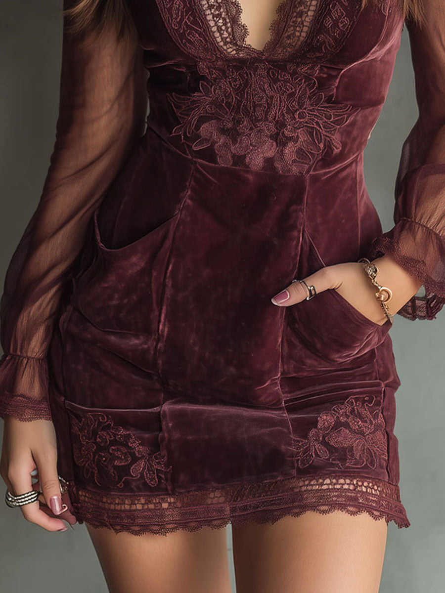 Vintage Burgundy Velvet And Lace Mini Dress With Sheer Sleeves