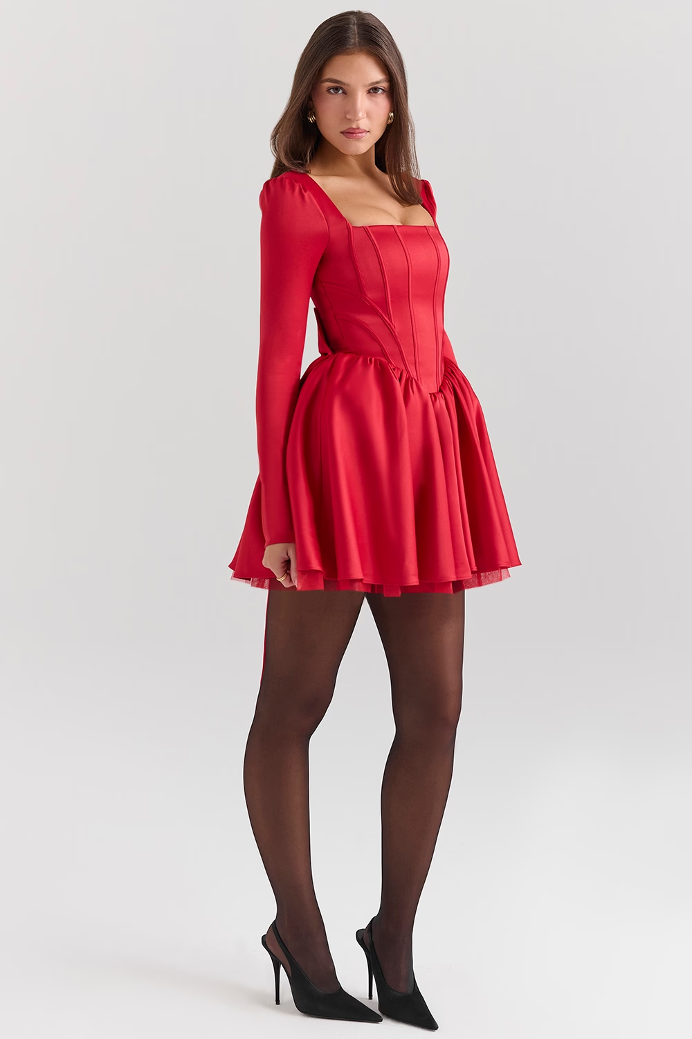 Sexy Long Sleeve U-Neck Cinched Pleated Dress