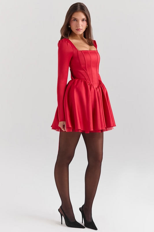 Sexy Long Sleeve U-Neck Cinched Pleated Dress