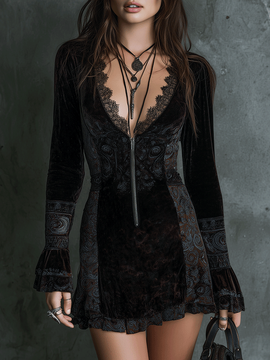 Bohemian Delicate Lace Velvet Mini Dress