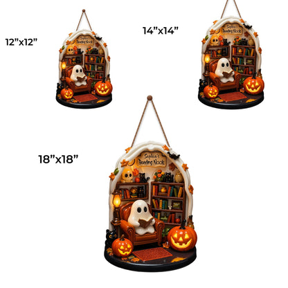 Sophia's Reading Nook With Ghost, Pumpkins, And Books - Personalized Custom Shaped Wood Sign