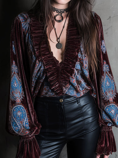 Boho Paisley Print Velvet Puff Sleeve Blouse