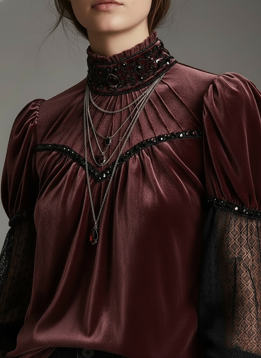 Elegant Velvet & Lace Embellished High-Neck Blouse