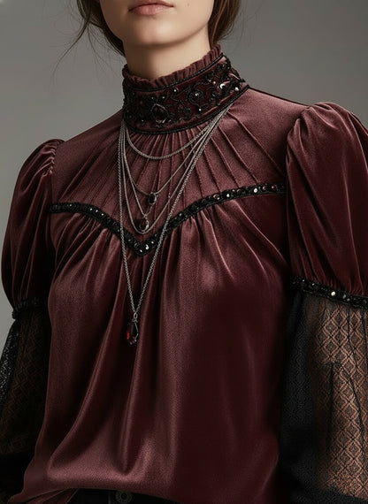 Elegant Velvet & Lace Embellished High-Neck Blouse