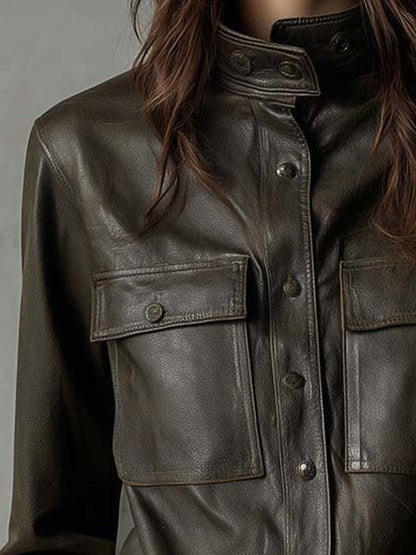 Dark Olive PU Leather Utility Shirt