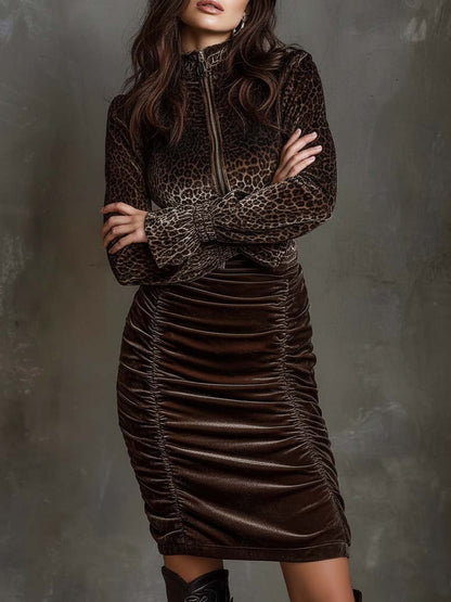 Leopard Print Velvet Ruched Bodycon Dress With Zipper Collar