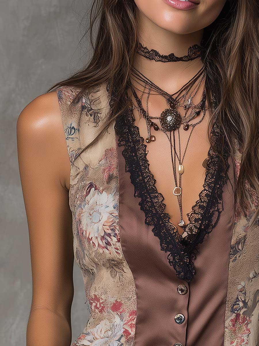 Retro Floral Color Block Polyester Satin Vest