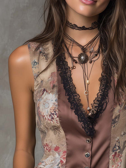 Retro Floral Color Block Polyester Satin Vest