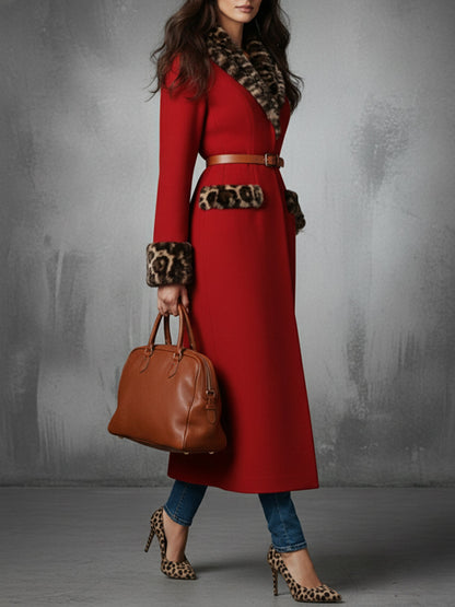 Wild Elegance Scarlet Wool Coat With Leopard Trim