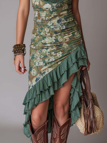 Retro Bohemian Floral Ruffle-Hem Midi Dress