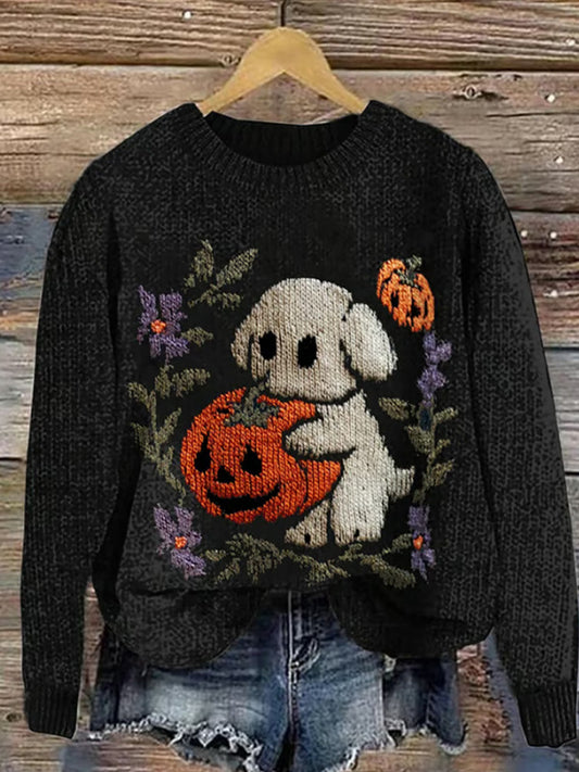 Women's Casual Pumpkin Puppy Sweater