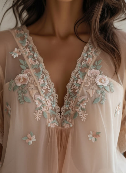 Elegant Floral Embroidered Sheer Blouse - Romantic V-Neck Tulle Top