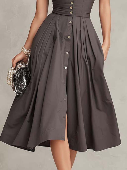 Vintage Taupe Waist-Cinched Button Midi Dress