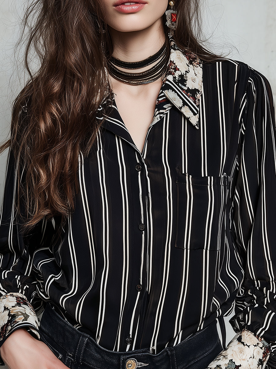 Retro Striped Oil Painting Floral Satin Blouse