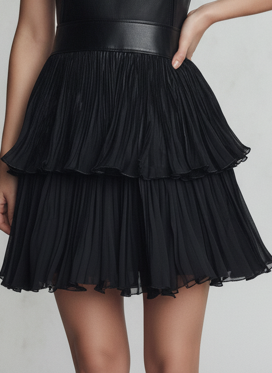 Chic Black Eco Leather & Pleated Chiffon Tiered Skirt Mini Dress