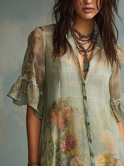 Retro Plaid Mixed Floral Print Chiffon Mini Dress