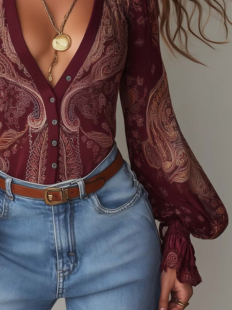 Vintage V-neck Ruffle Cuffs Paisley Blouse