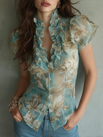 Vintage Chiffon Print Ruffle Trim Blouse