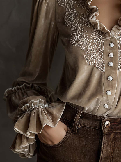 Champagne Beige Floral Embroidered Ruffled Velvet Shirt