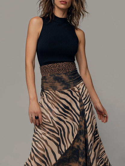 Vintage Zebra Print Tie-dye Patchwork Sleeveless Midi Dress