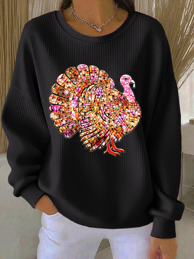 Women's Retro Thanksgiving Print Round Neck Sweatshirt