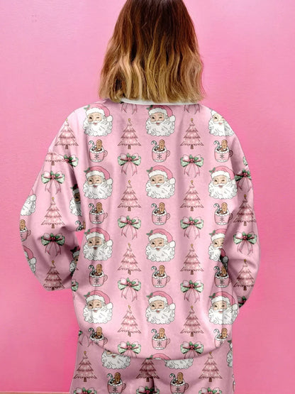 Christmas Santa Print Round Neck Top and Shorts Lounge Set