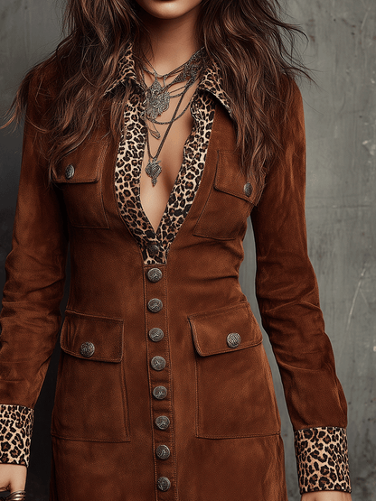 Vintage Suede With Leopard Trim Mini Dress