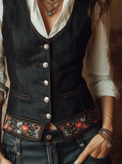 Vintage Bohemian Embroidered Denim Slim-Fit Vest