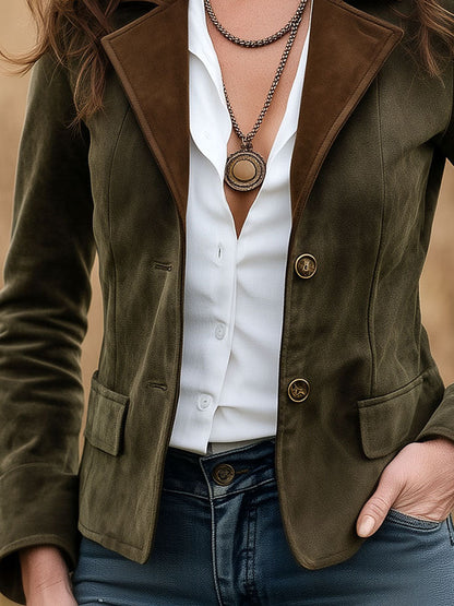 Vintage Contrast Lapel Olive Green Suede Tailored Jacket