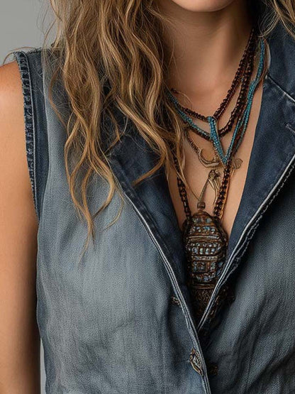 Vintage Workwear Style Distressed Blue Jean Vest