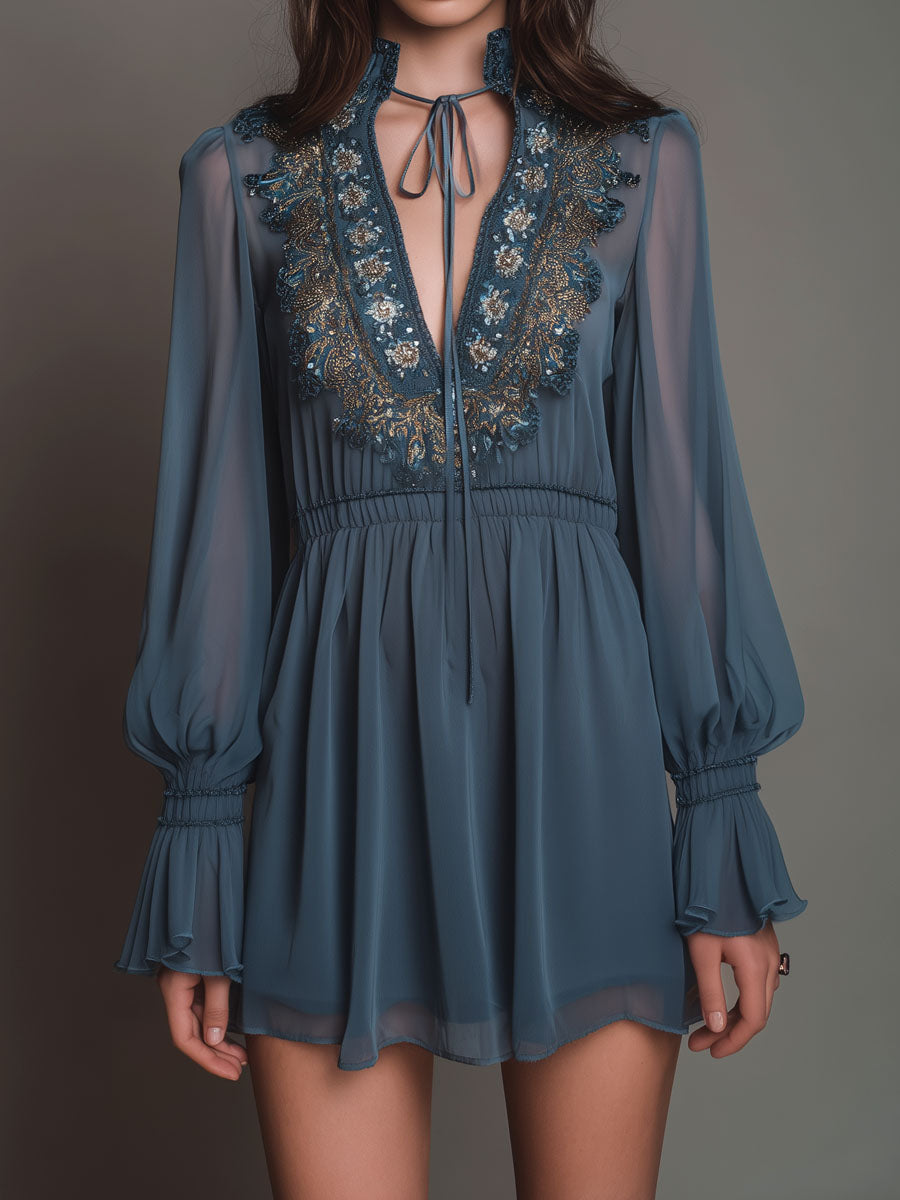 Boho Dusty Blue Tie-Neck Embroidered Chiffon Mini Dress