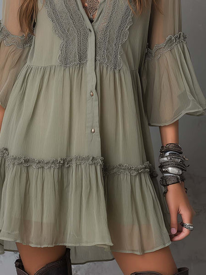 Vintage Lace-Neck Bell Cuffs Pleated Chiffon Mini Dress