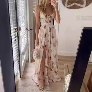 New Hot-selling Chiffon Print See-through Slit Suspender Dress