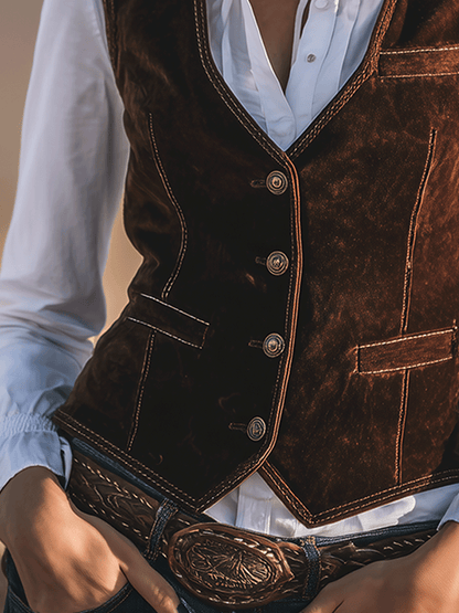 Country Western Cowboy Brown Slim Fit Faux Suede Vest