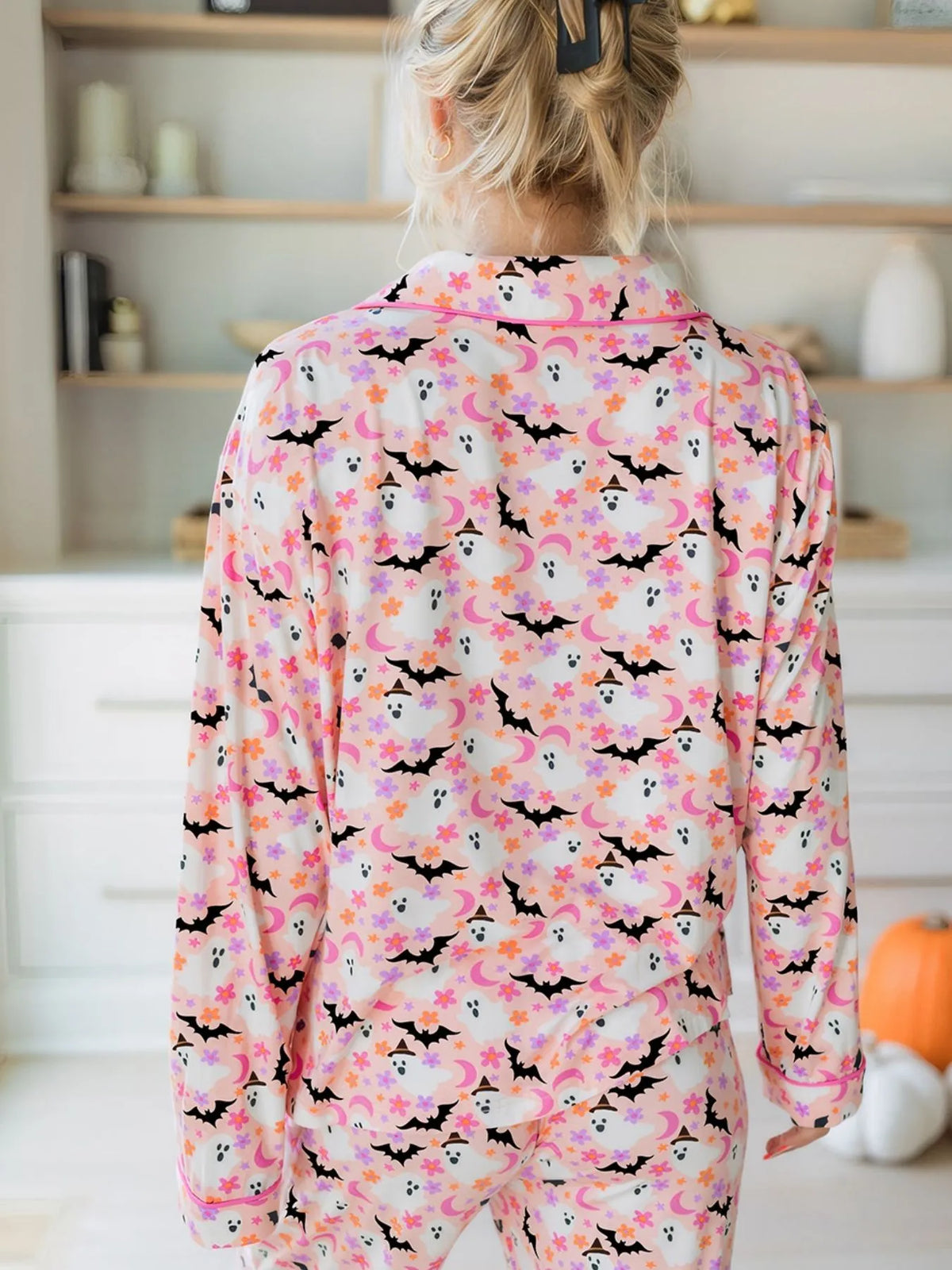 Halloween Ghost Print Button Up Top and Pants Lounge Set