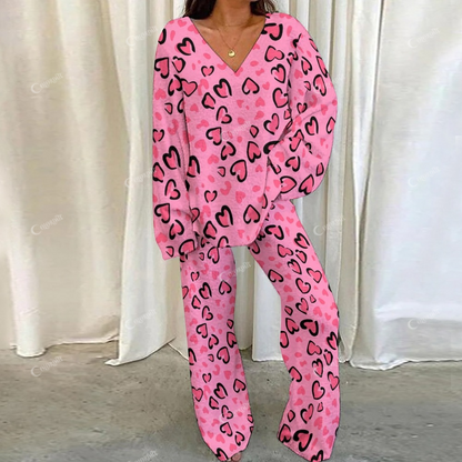 Valentine's Day Pink Heart Leopard Loungewear Set For Women