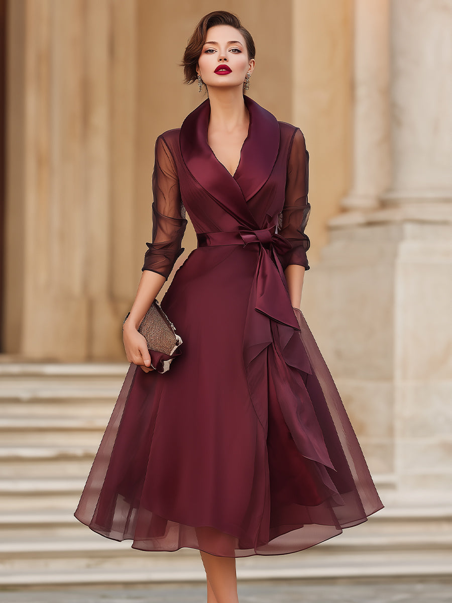 Enchanted Romance Sheer-Sleeve Wrap Midi Wedding Guest Dress