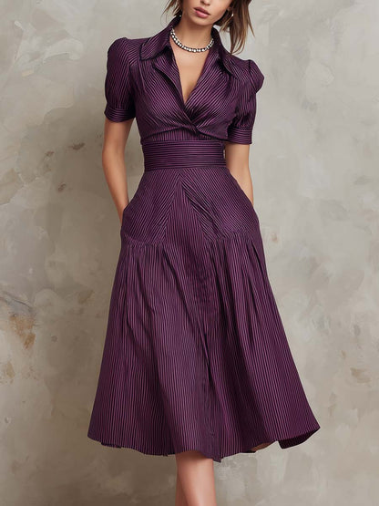 Retro Striped Matte Polyester Satin Midi Dress