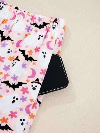 Halloween Ghost Print Button Up Top and Pants Lounge Set