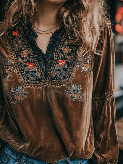 Bohe Brown V-Neck Velvet With Floral Embroidery And Lace Blouse