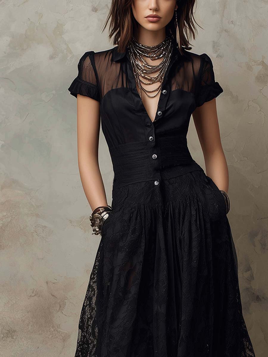 Vintage Sheer Sleeves Lace Fabric Midi Dress