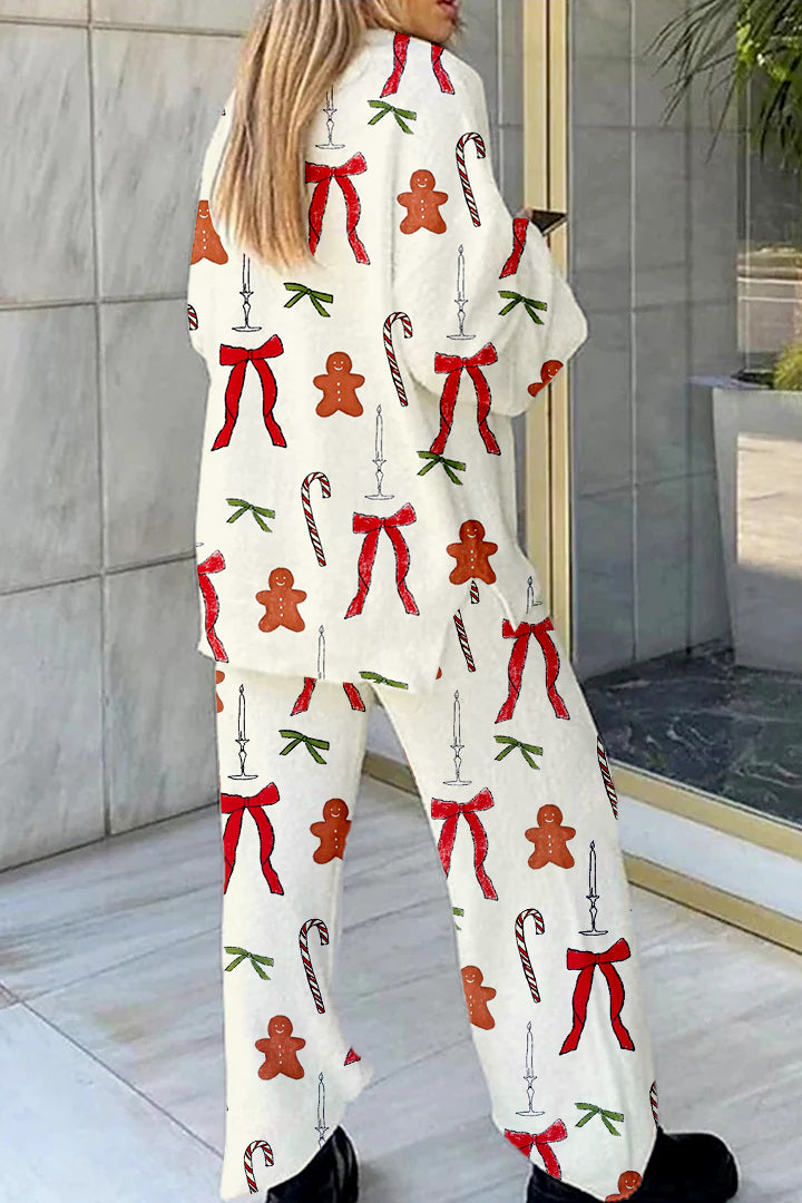 Women's Christmas Cane Candy and Bow Printed Casual Homewear Set