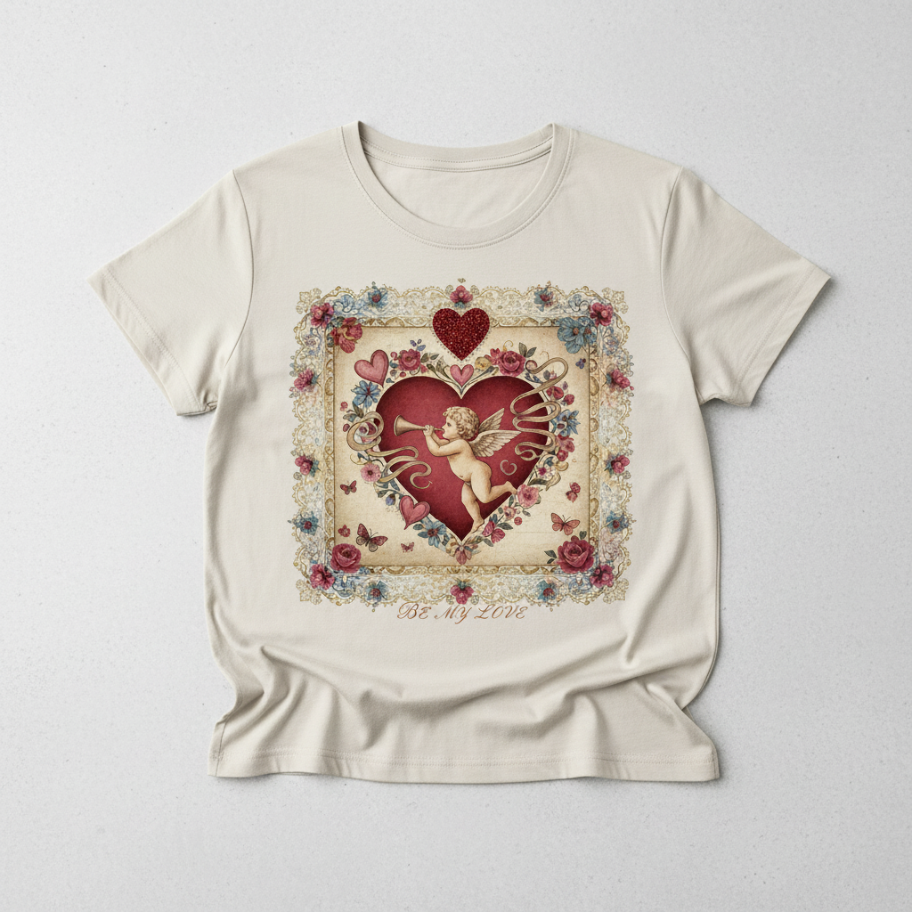 Women's Vintage Valentine's Day Hand-Painted Angel Print T-shirt - New Edition