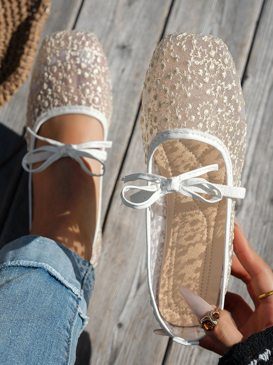 Women's Lace Floral Bow Ballet Flats