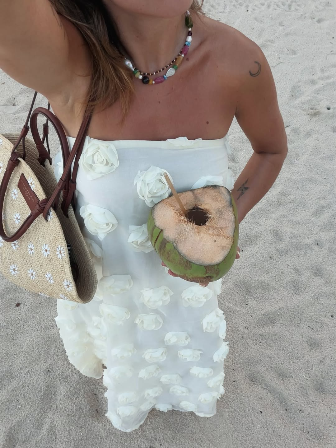 White 3D Floral Rose Strapless Flowy Maxi Dress
