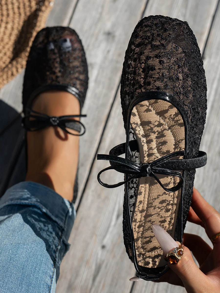 Women's Lace Floral Bow Ballet Flats